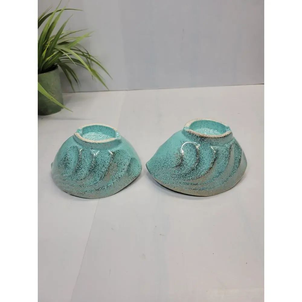 Vintage California Pottery 914 Candle Holders Aqua Gold Speckled MCM Teardrop